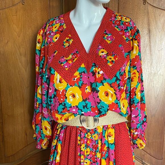 Vintage Floral Dress Mixed Contrasting Print Midi Dress Plus Size 14 - Picture 4 of 11